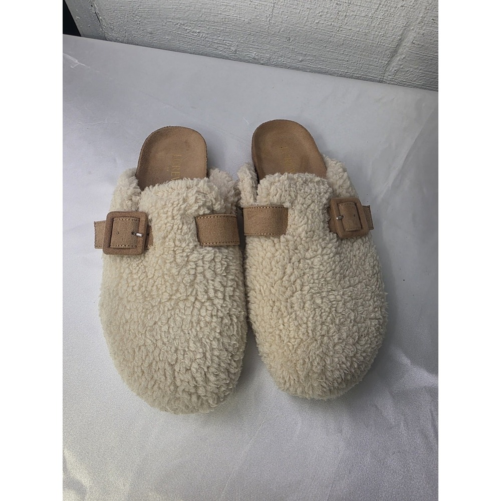 J.Crew Women's Sherpa Buckle‎ Clog Slippers Cream Shearling Mule Size 9 New